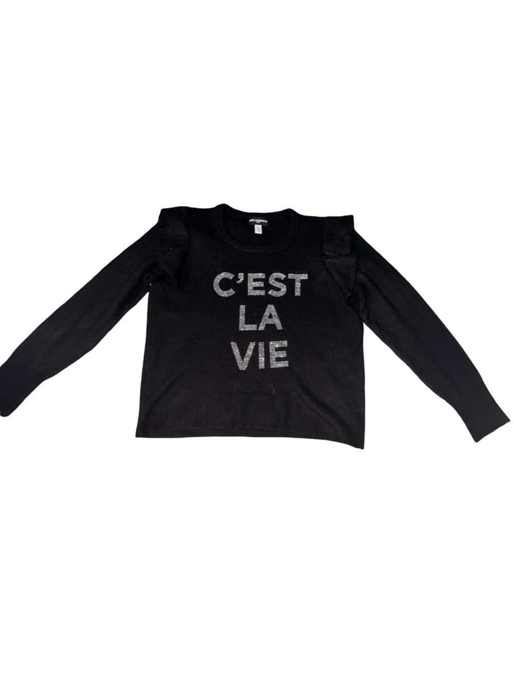 Karl Lagerfeld Paris Women’s M/L C’est La Vie Rhinestone Ruffle Black Sweater